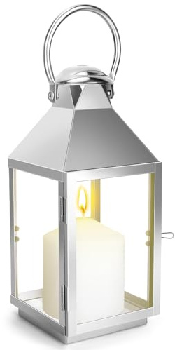 Farolillo plateado de metal para velas, 30 cm, farolillos de metal para exteriores, para exteriores, resistente a la intemperie, retro, Halloween, Navidad, cementerio, candelabro, decoración (plateado