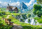 CALVENDO Poster 42,0 x 29,7 cm Querformat Alpine Berghütte in den Alpen. Bank mit Blick auf Wasserfall| Bilder, Kunstdruck, Wandbild, Wanddeko, Prints ohne Rahmen