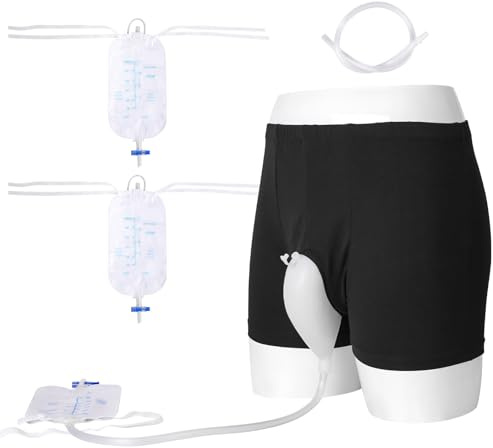 Wearable Urine Bag Incontinence Pants for Men, Reusable Portable Urine Collection Bag with Urinary Catheter, Leak Proof Leg Pee Bag with Elastic Waistband for Men Elderly Bedridden, Black (L)