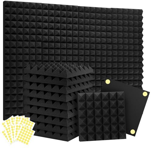 Focusound Acoustic Panels 24 Pack 2x12x12 with 120 PCS Double-Side Adhesive - Sound Proof Pyramid Foam for Walls, Home Studio Noise Absorption & Echo Control Kit