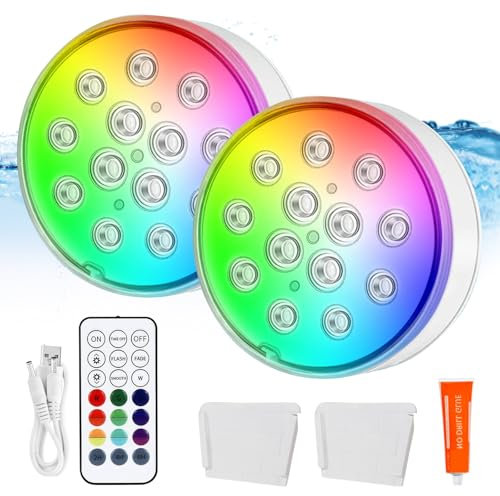 Illuminazione per piscina, luce subacquea con telecomando, 2 pezzi, ricaricabile, luce subacquea, luce LED subacquea, Ip68, impermeabile, 16 colori, luce a LED, illuminazione per laghetti