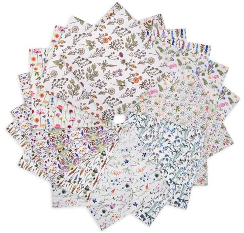 LetCart 20 Pezzi Patchwork Cotone Tessuto, 25 x 25cm Tessuto di Cotone Stoffa Patchwork Quadrati Tessuti Motivi Stampati Stoffe per Cucito Creativo, Lavori Fai da Te, Decorazioni (Fiore Selvatico)