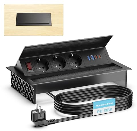 Aluminum Einbausteckdose 3 Fach mit 2 USB-C PD 30W & 2 USB-A – Versenkbare Steckdose, Winkel verstellbar für Küche, Schreibtisch & Büro, 1,8 m Kabel, Schwarz