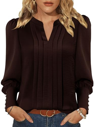 KISSODA Womens Pleatd Blouses Long Puff Sleeve Tunic Tops Dressy Shirts
