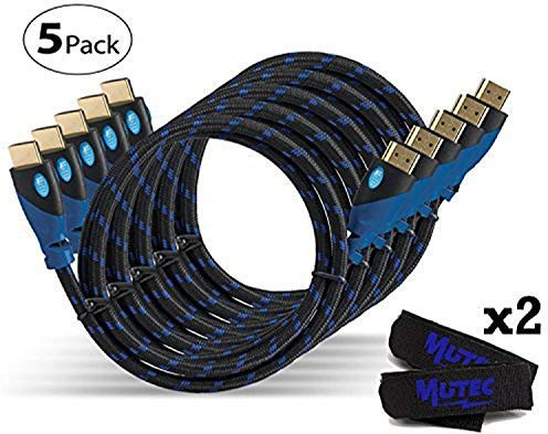 MutecPower PREMIUM Pack of 5 HDMI cables + 2 cable ties - 2 meter - Blue braided - 5 pack 2M