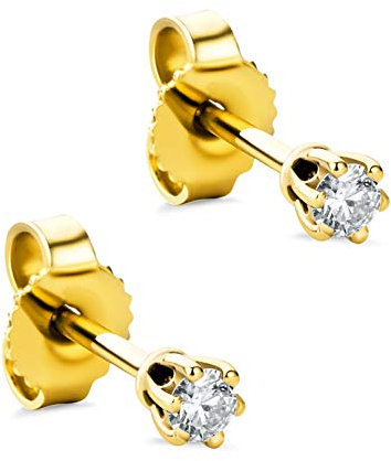 Orovi Orecchini da donna con diamante solitario in oro giallo 14 carati (585) e diamanti brillanti 0,12 ct, realizzati a mano in Italia