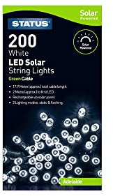 Status Adelaide 200 LED Solar String Lights, 18m Cable with Ground Stake Panel, Two-Mode White Garden Fairy Chain, Rechargeable Battery Included (ADELAIDE200SW8)