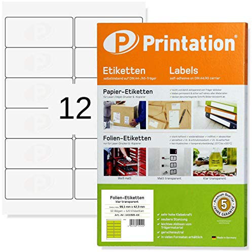 Printation Folien-Etiketten transparent klar 99,1 x 42,3 mm glasklar - 120 Aufkleber/Sticker 99,1x42,3 selbstklebend, wasserfest - 10 Blatt/12 pro A4 Bogen - Folien A4 glasklar bedruckbar Laserdrucker