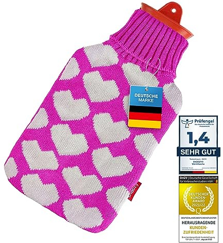 Snoozy® Varmvattenflaska XXL 2 L med Gosigt Överdrag – Naturgummi | Rosa hjärtan-överdrag i mjukt stickad kvalitet – 30 x 20 cm – extra stort inlopp för enkel och trygg påfyllning