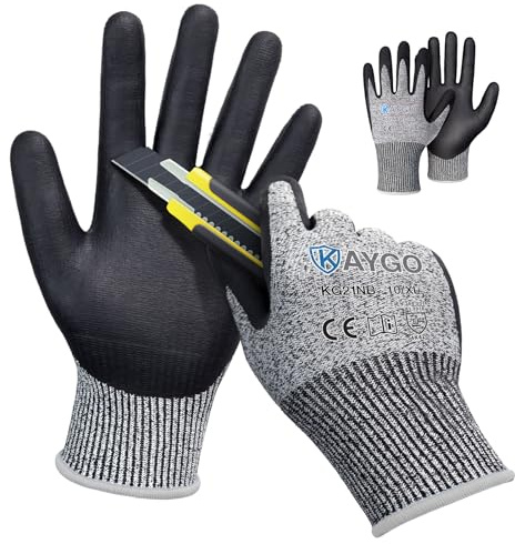 KAYGO Arbetshandskar skärbeständig nivå C, nitril belagd, KG21NB | 2 par, EN388 4X42C skärskydd, halkfritt handtag, maskintvättbar för skärning, lager, bygg, trädgårdsarbete (grå, XL)