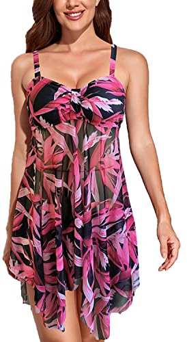 CIZEUR Tankini Maillot de Bain 2 Pieces Femme Push up Bretelles Réglables Jupe de Bain Imprimé mit Slip Beachwear，4XL Rose Noire