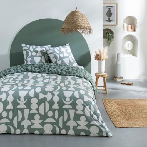 Future Home Parure de lit 3 pièces Adulte 2 Personnes en Coton 57 Fils imprimé Vert Set de Housse de Couette 260x240cm +2 Taies d'oreiller 63x63 cm avec Fermeture Boutons