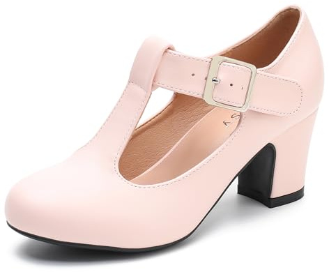 Eugisy Women's T-Strap Mary Jane Pumps Low Block Chunky Heels Closed Round Toe Dress Wedding Shoes Pink Matte 39-7.5US