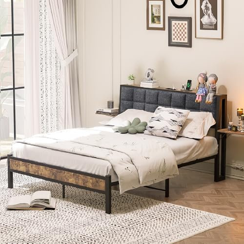 DUMEE King Size Bed Frame with Storage Wooden Headboard Shelf and Bedside Storage Table, 4ft6 Upholstered Kingsize Bed Frame with Charging Station and USB Ports, Metal Slats Enhanced Support, Gray