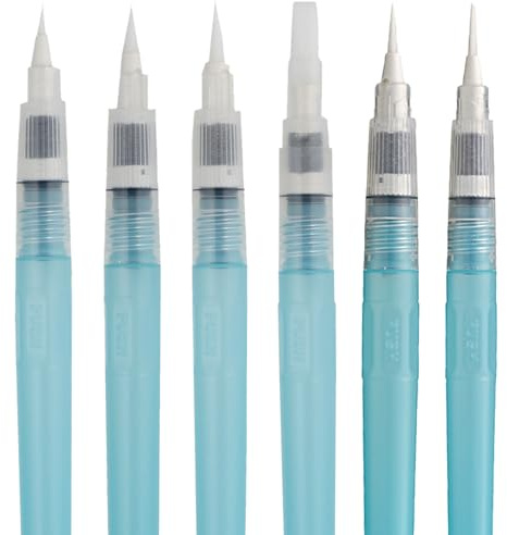 Kuretake akvarellpensel lång 6 st set, vattenborstpenna, Fude, platt, Menso, flexibla penselspetsar blandade, för professionella, konstnärer, vuxna, barn, tillverkad i Japan (6 st (lång typ))