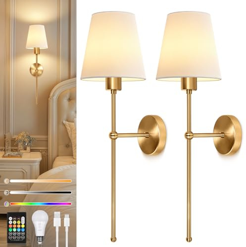 Ketom Rechargeable Wall Lights Set of 2, Battery Wall Lights Indoor, Wireless Sconce for Bedroom, 3 Color Temperature, 8 RGB Colors Dimmable, with Charging Bulbs and Remote, Fabric Shade, Gold