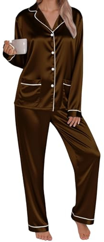 Women's Pyjama Set Silk Satin Long Sleeve Button Down Pyjamas Two Piece Comfy Sleepwear and Loungewear Set Ladies Pjs 2 Piece Silk pajamas sets Lightweight Soft Comfy Nightwear Homewear Brown