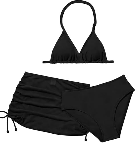 InfiniZer Girls' 3-Piece Bikini Set with Bow Apron, Breathable and Comfortable, Bikini Teenager Girls, Bikini Children, Suitable for Girls 8-14 Years, black, 14 Years