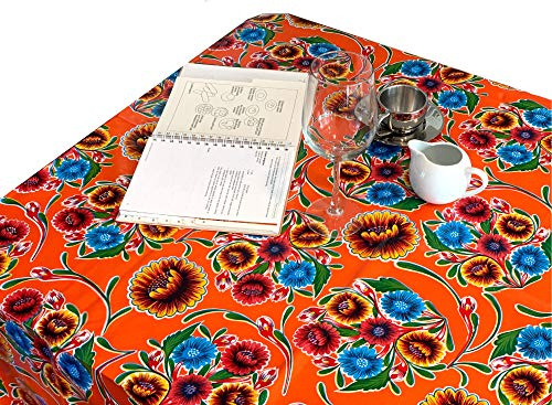 Alux Sweet Flower Oilcloth Tablecloth - Orange - Plastic Vinyl PVC - Mantel de Plastico (55x70in Rectangle)