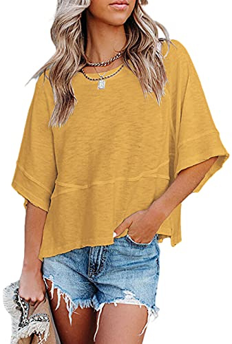 Sovelen Women's Summer Casual Crewneck Batwing Half Sleeve T-Shirts Solid Color Loose Fit Cute Basic Flowy Tops Tees Blouses Yellow