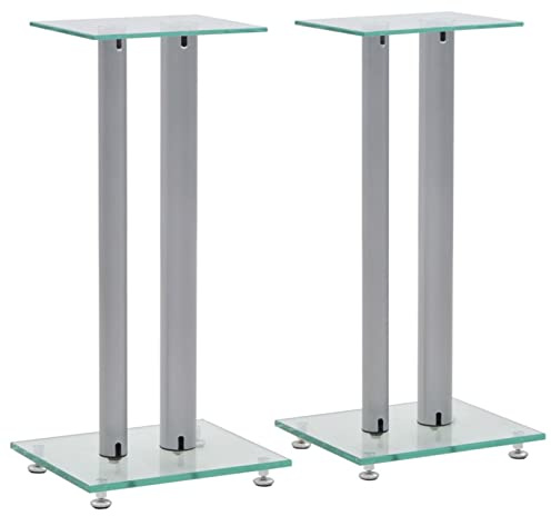 Tidyard Supporti per Altoparlanti 2pz Vetro Temperato a Colonna,Supporto per Cassa da Terra,Coppia di Supporti per Altoparlanti,Stand Casse Desktop Speaker Stands Argento 30x25x61 cm