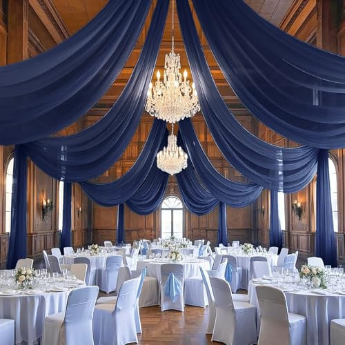 FANPROMS Tende da soffitto per matrimoni in chiffon blu navy, 2 pannelli, 1,5 x 6,1 m, tessuto per rivestimento da soffitto, archi per cerimonie, tende da soffitto velate per feste ad arco