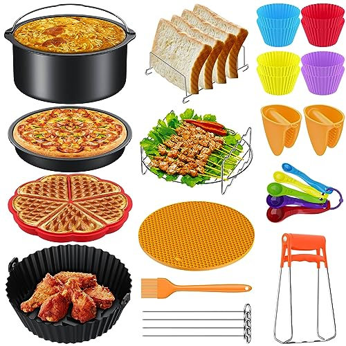 FUNYKICH Accessoires pour Friteuse à Air 17 Pièces XXL - Compatible avec Friteuses jusqu'à 1,8 pouces - Inclut Panier à Gâteaux, Plaque à Pizza,Grille Double,Pinces et plus Idéal pour Cuisine,Camping