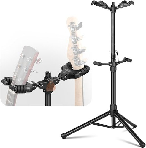 CAHAYA Soporte Para Guitarra Plegable De Suelo: Universal Con 2 Sujetadores De Cuello, Bloqueo Automático De Gravedad, Trípode Ajustable En Altura CY0325