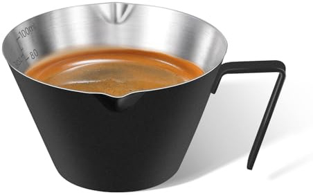 carrottimes 1Pc Stainless Steel Espresso Cups, Double Spout Metal Measuring Cup with Dual Scale, Espresso Shots Cup with Handle, Coffee Bean Weighing (Black), 3.4oz/100ml