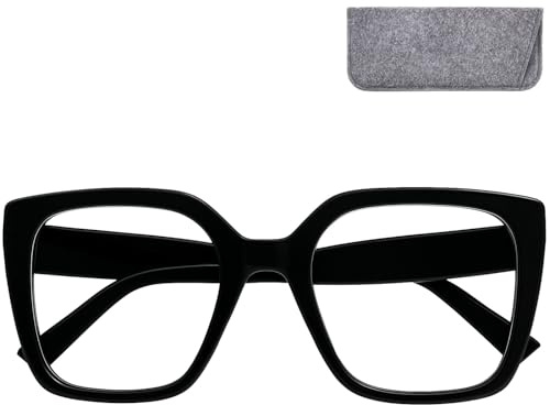 Mini Brille - Gafas Luz Azul Retro y Lentes Grandes Estilo Mariposa, Funda Incluso, Oversize Montura Gruesa Negra, Gafas Para Pantallas de Ordenador Hombre y Mujer +1.0 Dioptrías