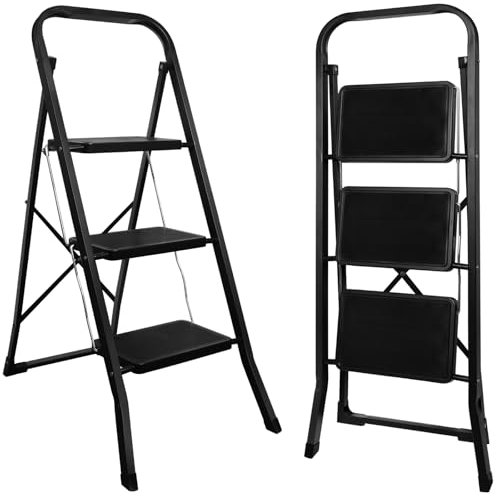 kisidus Escalera 3 peldaños, Escalera Plegable con Pedal Antideslizante y Ancho, Fácil de Guardar, Carga hasta 150 kg, para Cocinas