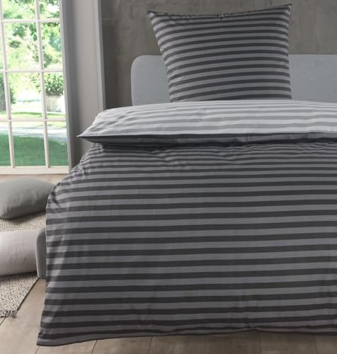 MALIKA Bettwäsche 155x220 Baumwolle, 2-teiliges Set, Streifenmuster, Wende Bettbezug 155 x 220 cm, Kissenbezug 80x80 cm, Renforcé, atmungsaktiv, maschinenwaschbar, Grau