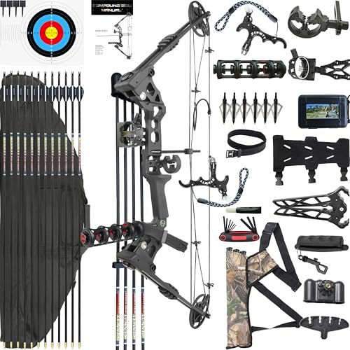 CENWTY Arco Compound Set PRO Adulto 20-70 LBS Arco da Caccia e Pesca con L'Arco Freccia e Arco Composto Set Arco per Tiro con L'Arco Caccia Bersaglio Pratica Mancini Destrorsi (Nero Destrorso)
