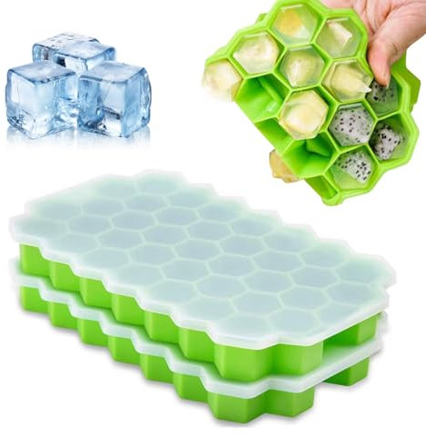 PERSENTU Green Ice Cube Molds 37 Hexagonal for Freezer Ice Cube Tray with Lid, 2 Pcs Silicone Ice Cube Moulds, Small Ice Cube Trays, Each Makes Ice Cubes Silicone for Chilled Drinks, Whiskey, Cocktail