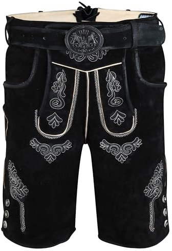 Spirit of Bavaria Trachten Lederhose Herren Kurz mit Gürtel - Kurze Trachtenhose - bayerische Trachtenlederhose - Oktoberfest Tracht Hose Schwarz 507 Gr. 54