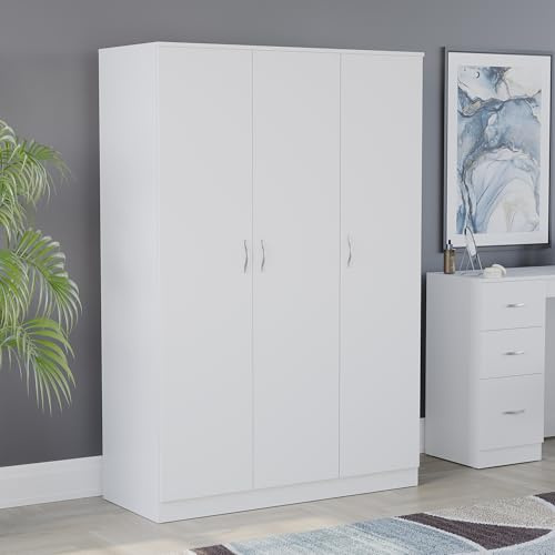 Vida Designs Riano 3 Door Wardrobe | White | Bedroom Furniture | 170H x 115.4W x 53D cm | with Shelf & Hanging Rail | Large Capacity Storage