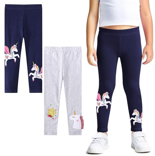 FILOWA Leggings Girls Kids Cotton Stretchy Trousers 2-Pack Star Horse Embroidery Tassels Tights Pants Long Legging Activewear Casual School Spring Summer Trouser for Children 6-7 Years, Navy Grey