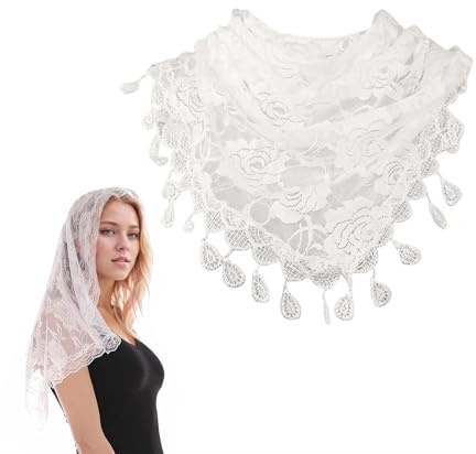 TUKEVA Velo de mantilla de encaje con borla negro hermoso velo floral para sombreros de encaje bufanda suave y cómodo hermoso patrón floral para boda accesorios de pelo fiesta, Blanco, L