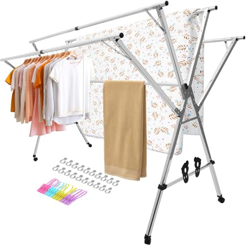BAOFI Séchoir à linge pliable à 5 pôles en acier inoxydable – Hauteur réglable (150–240 cm) avec roulettes et supports à chaussures pour intérieur/extérieur