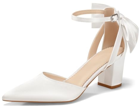 Coutgo Womens Chunky Heels Low Heel Ankle Strap D'Orsay Pumps Closed Pointed Toe Wedding Bridal Shoes, Ivory White, Size 8