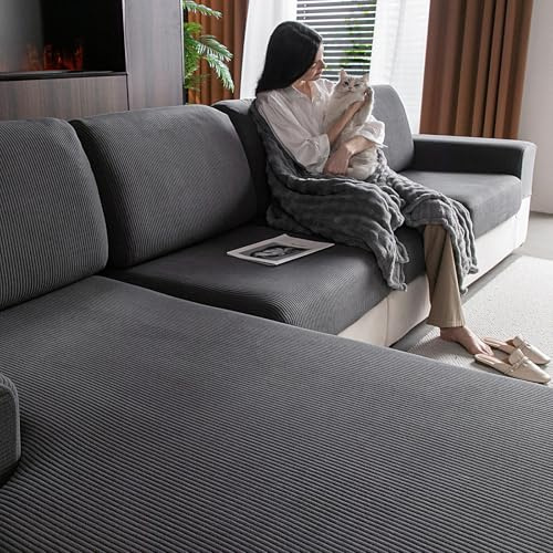 OHSIO Stretch Sofa Covers for Sectional Couch – Soft Washable Sofa Slipcovers 2 3 4 Seater, Pet-Friendly, Anti-Slip Furniture Protector(1 Piece Back Couch Cover, Dark Gray/Striped)