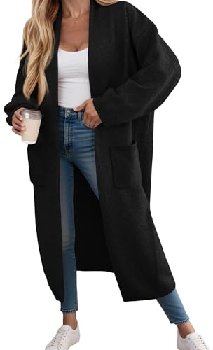 Fisoew Cardigan Long pour Femme - Manches Longues - Manteau en Tricot surdimensionné - Ouvert sur Le Devant - Veste avec Poches., Noir, S