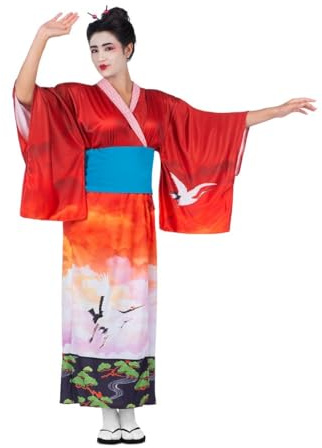 My Other Me - Disfraz Geisha mujer, talla XL. Incluye kimono con estampado de grullas y paisaje, escote en V con franja blanca estampada en ondas rojas, mangas amplias y cinturón azul.