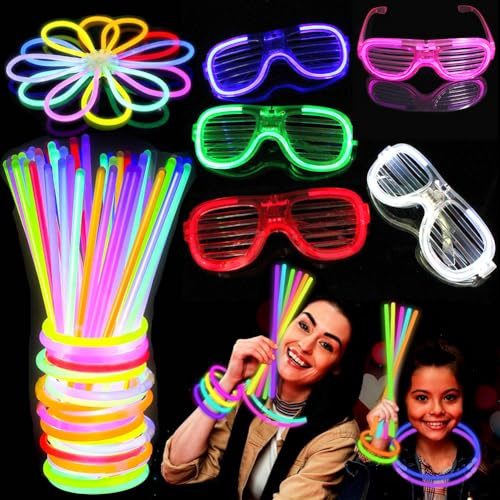 WFKKMEQ Glow Sticks, 205PCS Glow in the Dark Party Supplies Multicoloured Glowsticks Party Bag Fillers Light Up Partys Favours Glowsticks Partys Pack with Led Glasses (14 years and older)