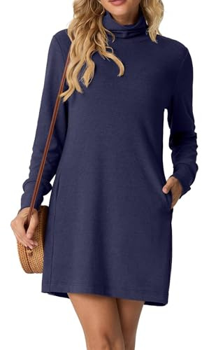 GRECERELLE Vestido de suéter para mujer, invierno, otoño, manga larga, cuello alto, minivestido de punto con bolsillos, elegante básico para el día a día, largo hasta la rodilla, azul marino, M