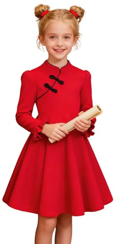 Xumplo Chinese New Year Dress Girls Red Long Sleeve Cheongsam Kids Traditional Style Party Elegant Dresses 10 Years