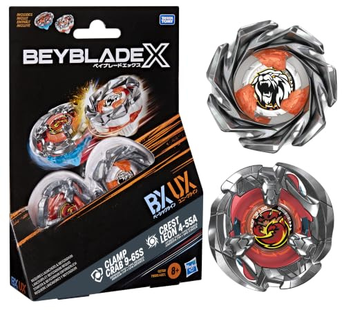 Beyblade X Clamp Crab 9-65S BX & Crest Leon 4-55A UX Takara Tomy-dubbelpaketset med två högersnurrande snurror, spelleksaker med stridssnurror, från 8 år