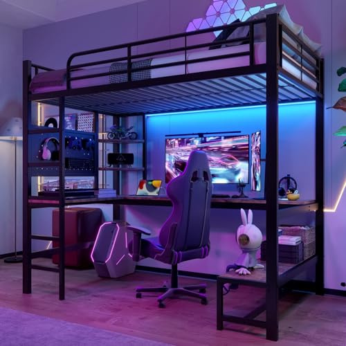 EURHCIO Lit Mezzanine Enfant 90x200cm,Lit Mezzanine 1 Place avec Bureau,Bande LED Réglable,Prise USB-C,étagère,Panneau Perforé de Rangement,pour Enfants Adolescents (Noir, 90x200)