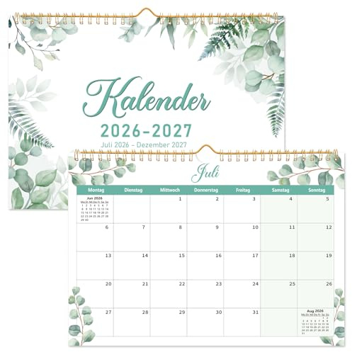 Kalender 2026 2027 Wandkalender, 18 Monate Kalender A4 von Juli 2026 bis Dezember 2027, Wandkalender 2027 Familienplaner Monatskalender für Zuhause Büro, 30x21cm (Grüne Blätter)