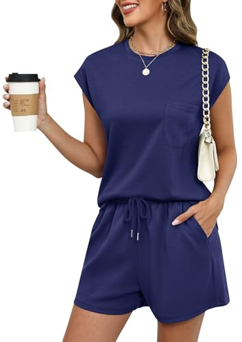 Rapbin Womens Loungewear Set Cap Sleeve T-Shirt Shorts Pockets Drawstring